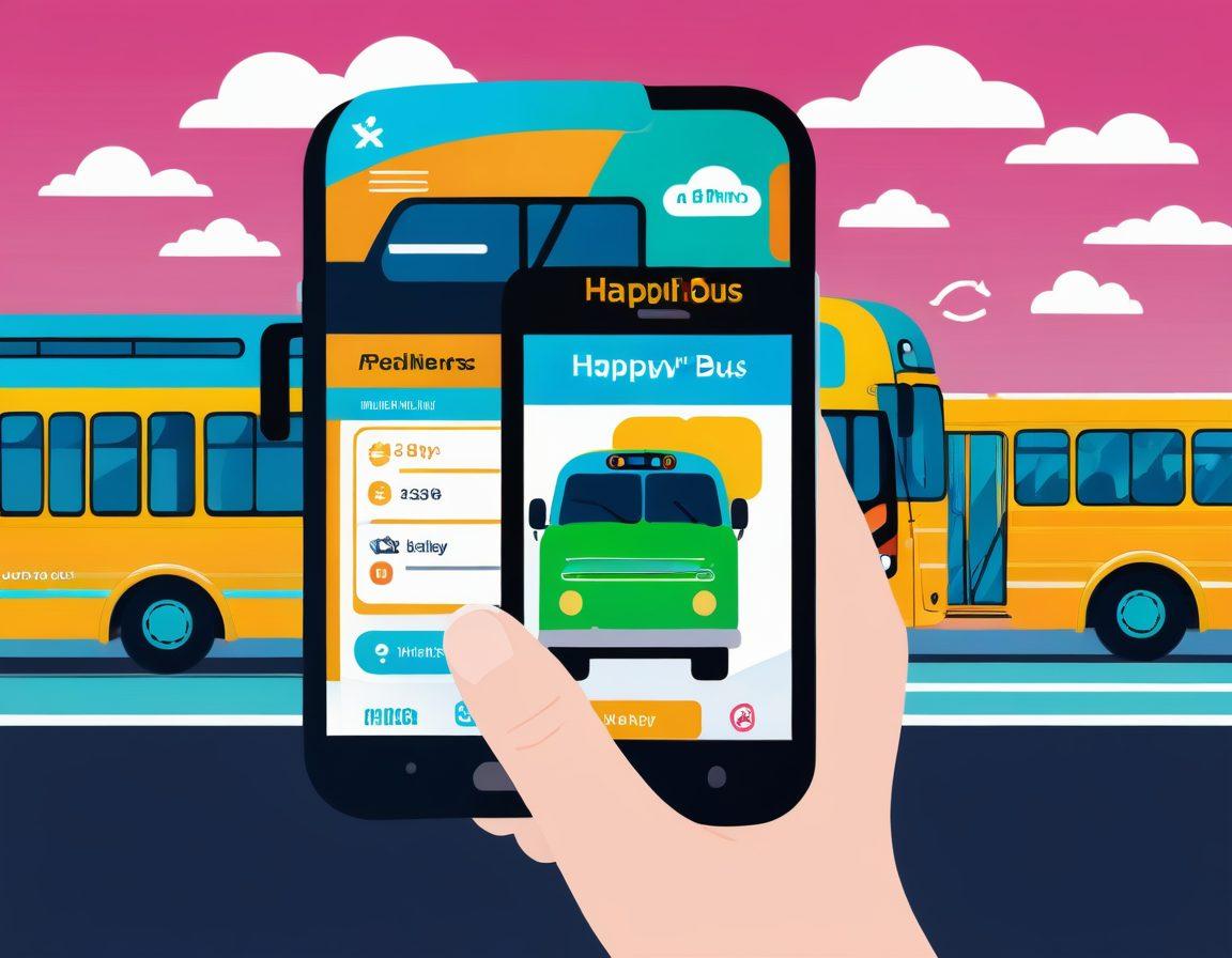 A hand holding a smartphone displaying the HappyBus app interface, with a backdrop of happy travelers boarding a sleek, modern bus. The app interface shows a stress-free booking process and affordable ticket prices. Include icons for affordability, reliability, and customer satisfaction. vibrant colors. vector art.
