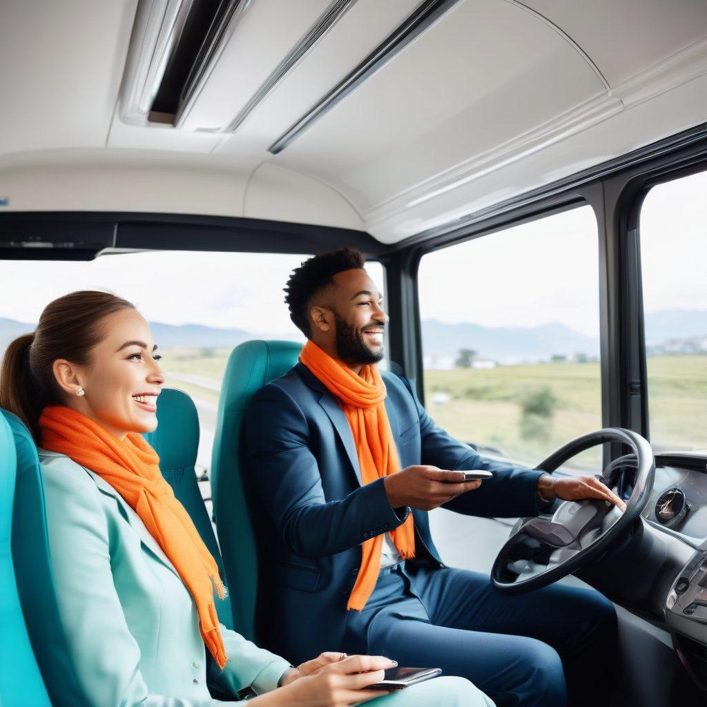 A happy, diverse group of travelers comfortably seated on a modern, luxurious bus, looking out of large panoramic windows with vibrant scenery passing by. A friendly driver in a smart uniform at the wheel, accompanied by icons of a mobile app showing easy booking and various services. super-realistic. vibrant colors. white background.