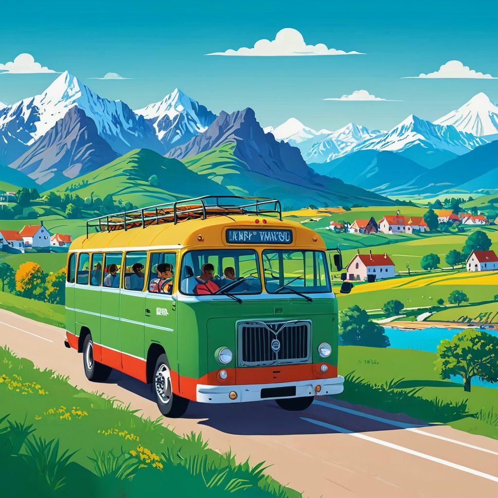 A vibrant HappyBus cruising along a scenic countryside road, with lush green fields, charming villages, and distant mountains under a clear blue sky. A diverse group of joyful passengers are seen enjoying the adventure. The bus adorned with cheerful colors and exciting travel icons. Illustration style, vibrant colors, welcoming ambience.